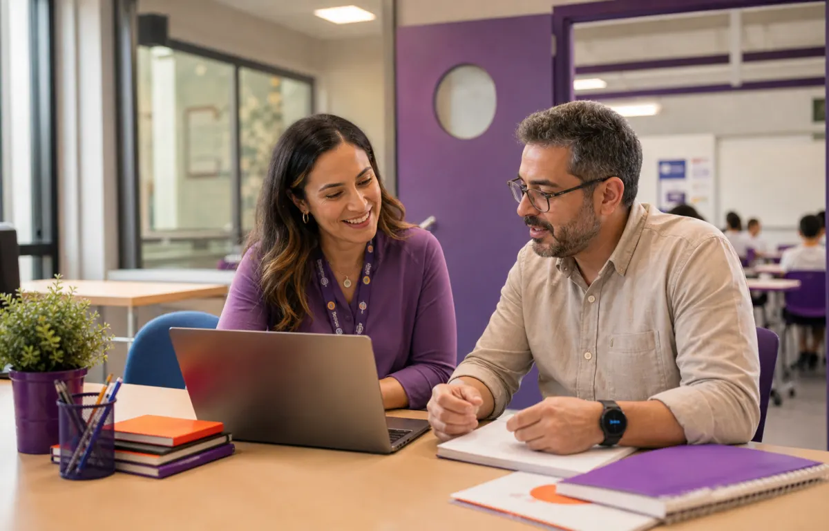 Coordenação e professor conversando sobre dados pedagógicos