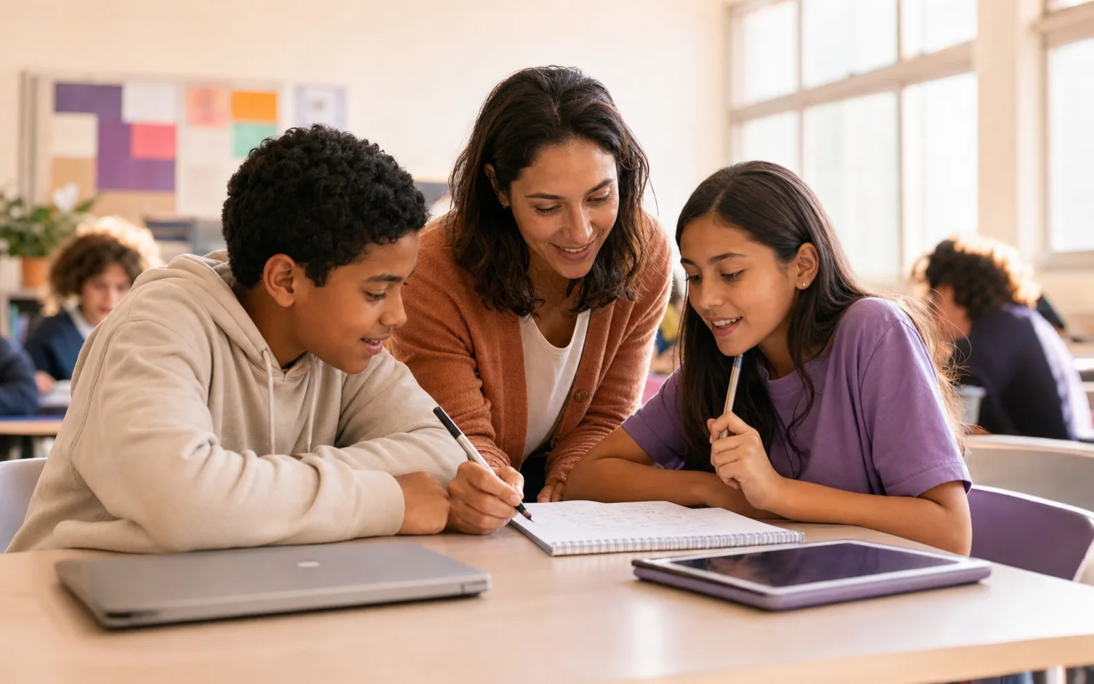 Professora orientando alunos durante atividade com tecnologia como apoio