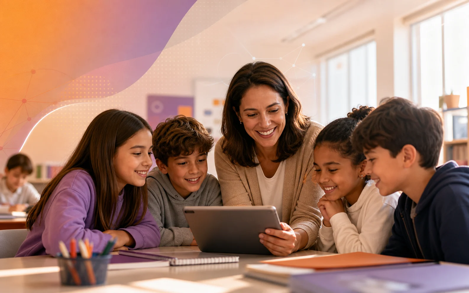 Professora usando tecnologia com alunos em sala de aula