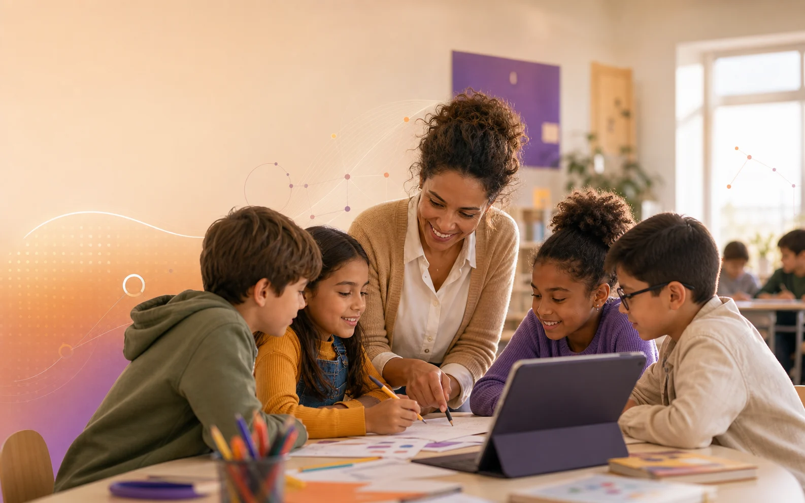 Professora orientando alunos com tecnologia como apoio