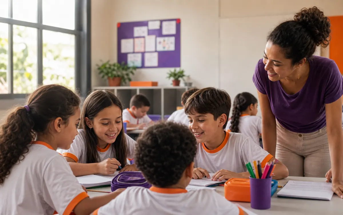 Professor acompanhando alunos em atividade de grupo