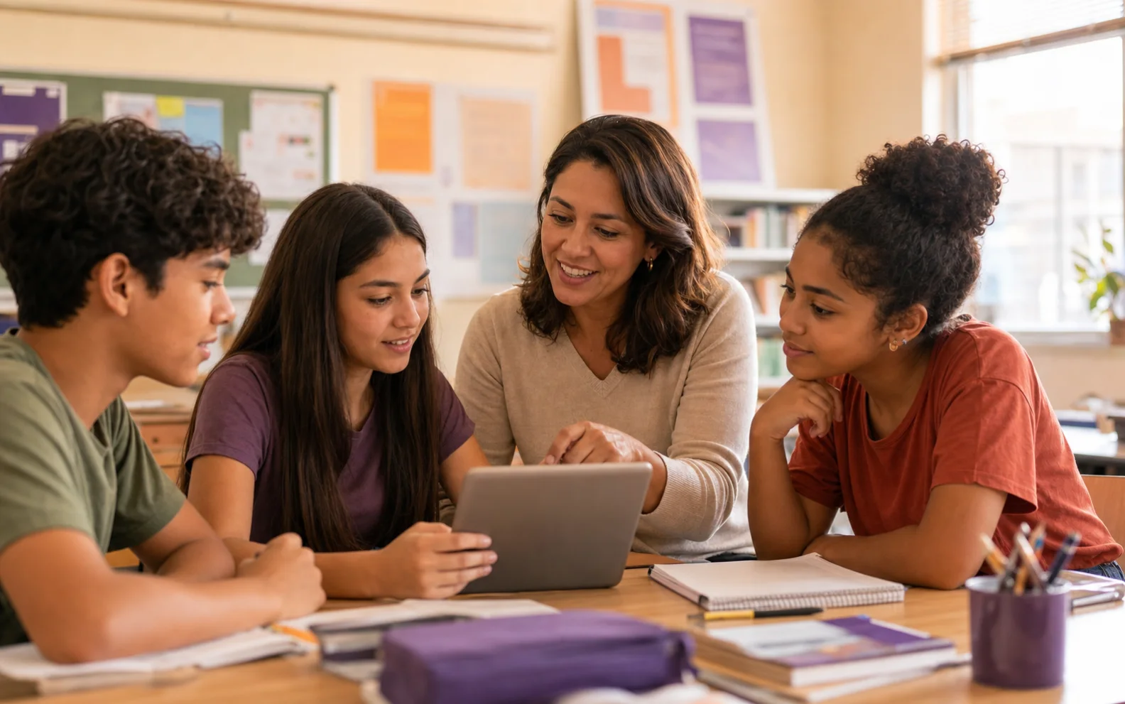 Professora mediando atividade com estudantes e tecnologia