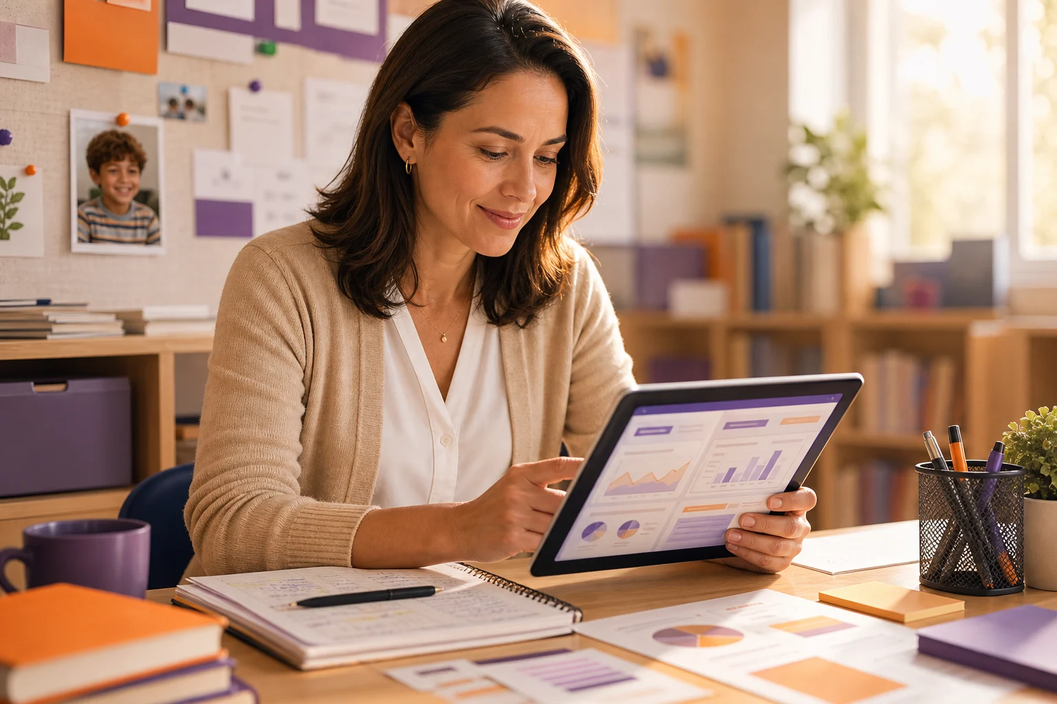 Professora revisando relatório individual do aluno em um tablet