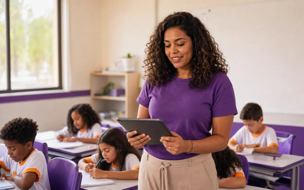 Professora usando tablet em sala de aula